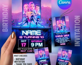 Kpop Demon Hunters Birthday Invitation Bundle | Editable Canva Party Templates (Digital Download)