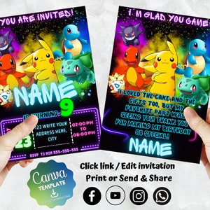 Faire-part d'anniversaire Pokémon | Invitation d'anniversaire pour enfants | Impression numérique sur toile | Modèle Canvas à téléchargement immédiat