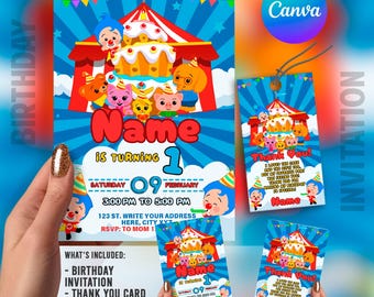 Plim Plim Birthday Invitation Template + Thank You Card & Favor Tag | Editable Canva Template | Kids Party Printable Bundle