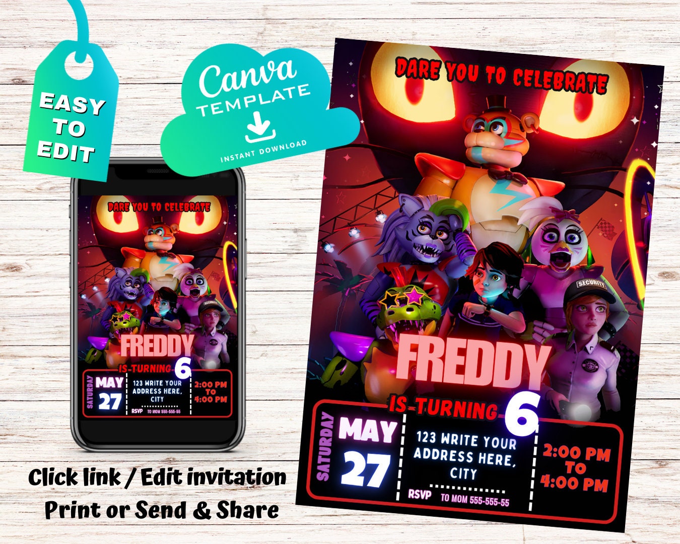 Five Nights at Freddys Birthday Invitation FNAF Invite Canva Digital Five Nights at Freddys Birthday Invitation FNAF Invite Canva Digital