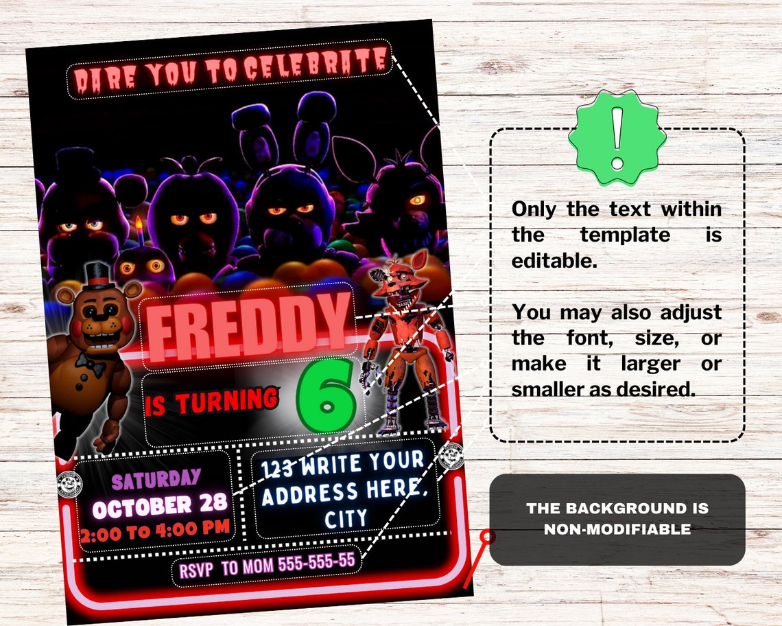 Five Nights at Freddys Birthday Invitation FNAF Invite Canva Digital ...