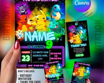 Pokemon Birthday Invitation | Kids Birthday Invite | Canva Digital Printed | Instant Download Canva Template