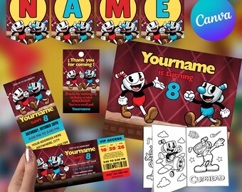 1930s Cartoon Ticket Invitation Bundle, Retro Animation Party Pack, Birthday Banner, Coloring Page, Welcome Sign, Editable Canva Template