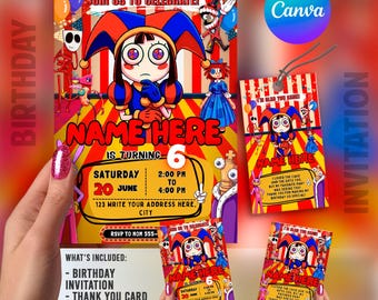 Virtual Circus Birthday Invitation Template, Digital Circus Animated Show Birthday Invite, Thank You Card & Tag, Canva Printable