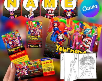 Digital Circus Birthday Invitation & Party Bundle, Editable Canva Template, Birthday Sign, Thank You Tag, Coloring Sheet, Download