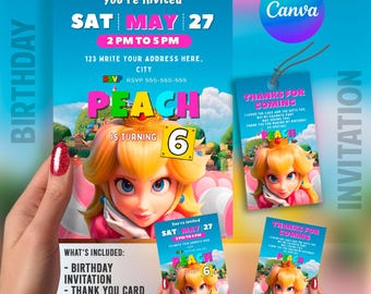 Princess Peach Birthday Invitation | Mario Bros Invitation | Kids Birthday Invite | Canva Digital Printed | Instant Download Canva Template