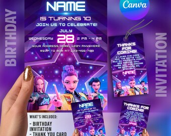Kpop Demon Hunters Birthday Invitation Template + Thank You Card & Favor Tag | Editable Canva Party Bundle | Girl Power Theme