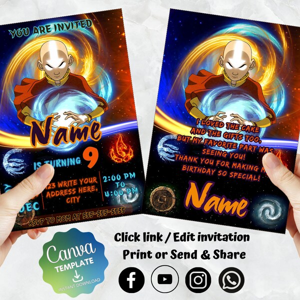 Avatar The Last Airbender Birthday Invitation | Kids Birthday Invite | Canva Digital Printed | Instant Download Canva Template