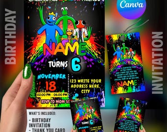 Rainbow Friends Birthday Invitation | Kids Birthday Invite | Canva Digital Printed | Instant Download Canva Template