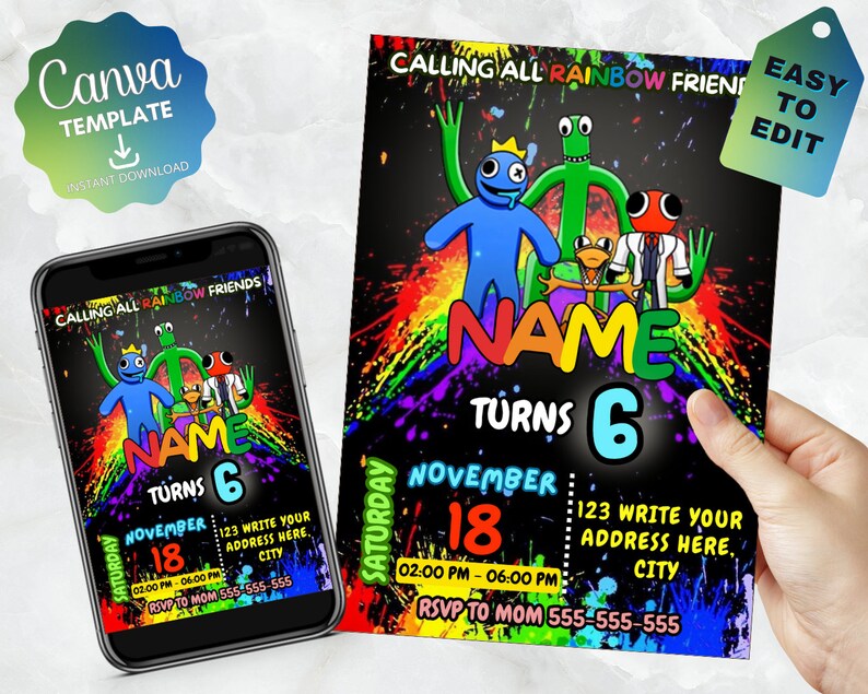 Rainbow Friends Birthday Invitation | Kids Birthday Invite | Canva ...