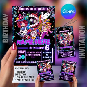Peut inclure: Ensemble d'invitations et d'étiquettes de faveur pour une fête d'anniversaire avec un design de dessin animé coloré. L'invitation indique "Rejoignez-nous pour célébrer !" et "Name Here a 6 ans". Comprend une carte de remerciement et une étiquette de faveur.