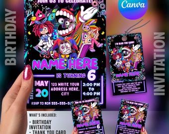 Virtual Circus Birthday Invitation Template, Digital Circus Animated Show Birthday Invite, Thank You Card & Tag, Canva Printable