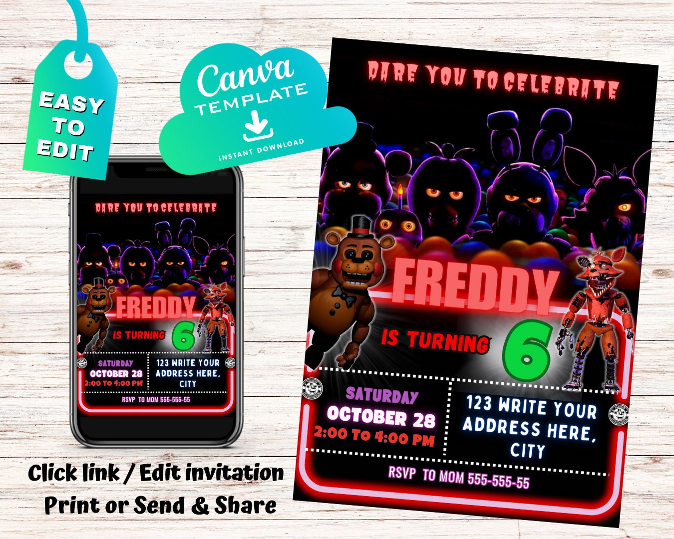Five Nights at Freddys Birthday Invitation FNAF Invite Canva Digital ...