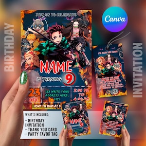 May include: A birthday invitation set featuring anime characters from Demon Slayer, including Tanjiro, Nezuko, Zenitsu, Inosuke, and Giyu. The design includes fiery orange and black backgrounds, the text NAME IS TURNING 9, and event details.