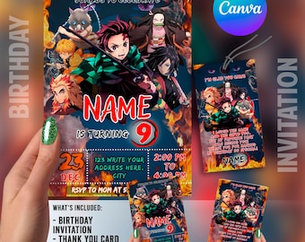 Demon Slayer Birthday Invitation | Kids Birthday Invite | Canva Digital Printed | Instant Download Canva Template