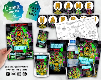 Five Nights at Freddy’s Birthday Party Bundle | Editable Banner, Favor Templates, Coloring Sheet & Invitation