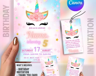 Unicorn Horn Birthday Invitation, Thank You for Coming Card & Favor Tag | Editable Canva Template | Magical Unicorn Party Printable
