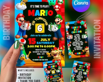 Super Mario Birthday Invitation | Kids Birthday Invite | Canva Digital Printed | Instant Download Canva Template 5x7