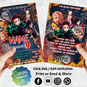 Demon Slayer Einladungskarte zum Geburtstag | Kinder Geburtstag einladen | Leinwand Digital Gedruckt | Sofortiger Download Canva Vorlage
