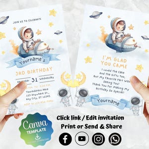 Astronaut Birthday Invitation | Kids Birthday Invite | Canva Digital Printed | Instant Download Canva Template
