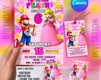 Princess Peach Birthday Invitation | Mario Bros Invitation | Kids Birthday Invite | Canva Digital Printed | Instant Download Canva Template