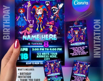 Virtual Circus Birthday Invitation Template, Digital Circus Animated Show Birthday Invite, Thank You Card & Tag, Canva Printable