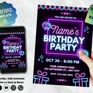 Invitation d&#39;anniversaire néon de Zazzle.be Liste d&#39;envies Vous avez des idées ? Invitation d&#39;anniversaire pour enfants | Impression numérique sur toile | Modèle Canvas à téléchargement immédiat