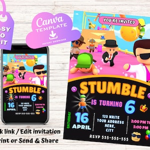 Invitation d'anniversaire de Stumble Guys | Invitation d'anniversaire pour enfants | Impression numérique sur toile | Modèle Canva à téléchargement instantané