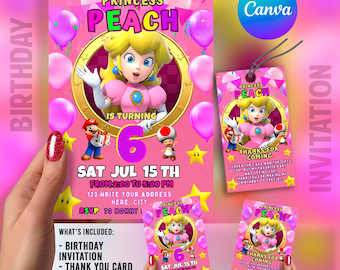 Princess Peach Birthday Invitation | Mario Bros Invitation | Kids Birthday Invite | Canva Digital Printed | Instant Download Canva Template