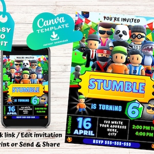 Invito di compleanno Stumble Guys / Invito di compleanno per bambini / Stampa digitale Canva / Download immediato del modello Canva
