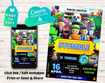 Stumble Guys Birthday Invitation | Kids Birthday Invite | Canva Digital Printed | Instant Download Canva Template