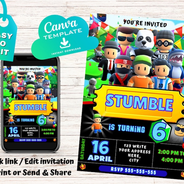 Stumble Guys Birthday Invitation | Kids Birthday Invite | Canva Digital Printed | Instant Download Canva Template