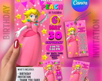 Princess Peach Birthday Invitation | Mario Bros Invitation | Kids Birthday Invite | Canva Digital Printed | Instant Download Canva Template
