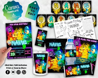 Pokémon Birthday Party Bundle | Printable Invitation, Banners, Chip Bags, Labels, Tags & More | Editable Templates