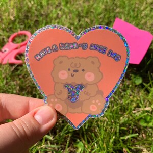 Cute Bear Positive Heart Holographic Glitter Sticker | Dishwasher Safe Die-Cut Vinyl Sticker Decal
