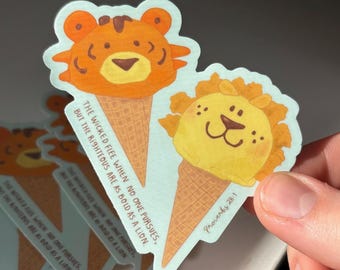 Lion and Tiger Ice Cream Dessert Vinyl Sticker | Proverbs 28:1 Christian Bible Verse Art