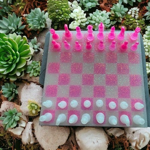 Pink Bubble Gum and Iridesecent White Glitter Resin Chess Set