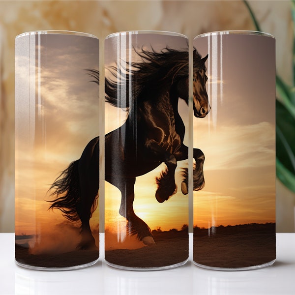 Black Stallion Wild Horse Sunset 20 Oz. Skinny Tumbler Wrap Sublimation Design Digital Download PNG File