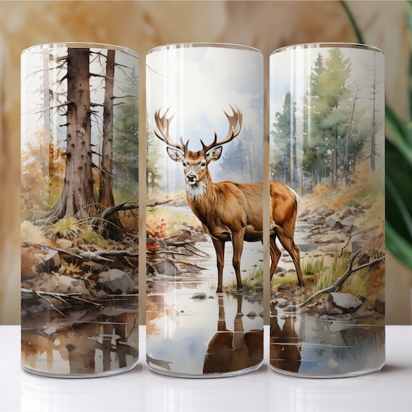 Buck Deer Watercolor 20 Oz. Skinny Tumbler Wrap Sublimation Design Digital Download PNG File