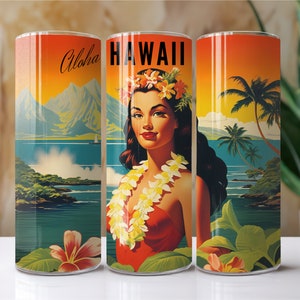 May include: A set of three cylindrical tumblers featuring a vintage Hawaiian travel design. The design includes a woman with a flower lei, the word "Hawaii", palm trees, and a tropical landscape. The tumblers have a glossy finish.