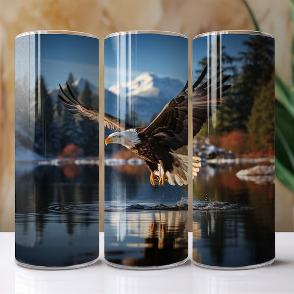 Bald Eagle Fishing 20 Oz. Skinny Tumbler Wrap Sublimation Design Digital Download PNG File