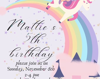 Unicorn Rainbow Fairy Princess Birthday Party Invitation