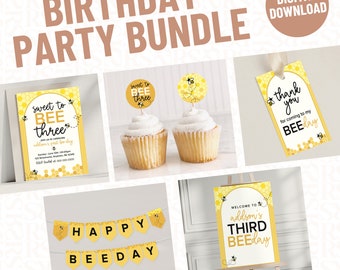 Sweet to Bee Three Cute 3rd Birthday Invitation Party Pack Bundle | Editable Digital Template Instant Download