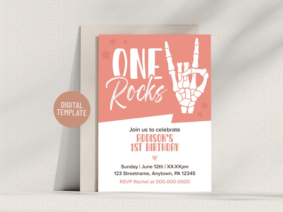 Editable Pink Rock & Roll 1st Birthday Invitation | 