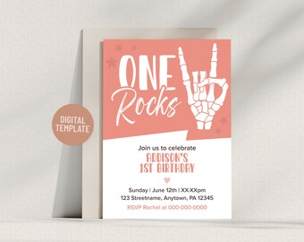 Invitación editable de primer cumpleaños con tema de rock and roll rosa / Plantilla imprimible de 5 x 7 para fiesta de niñas con el lema "One Rocks"