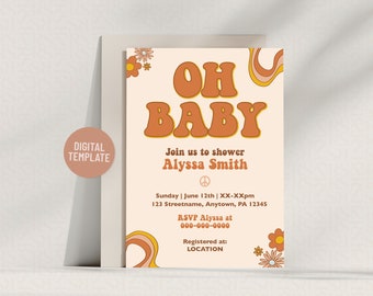Invitación para baby shower con flores estilo bohemio retro de Groovy Oh Baby / Plantilla editable de 5 x 7 para descargar digitalmente
