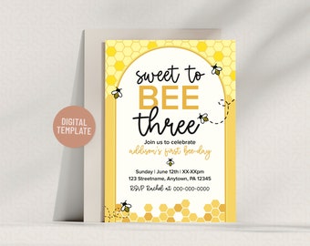 Sweet To Be Three Birthday Party Invitation Editable Template 5x7 Instant Digital Download
