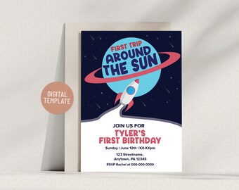 Cosmic 1st Birthday Invitation: Editable "First Trip Around the Sun" Space-Themed 5x7 Digital Template for Baby Boy's Milestone