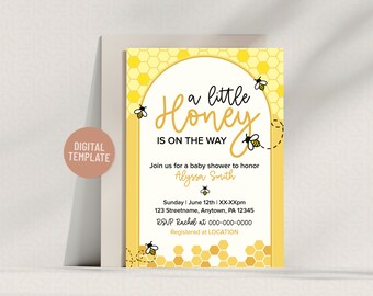 Adorable invitación para baby shower con la frase "Un poco de miel está en camino" - Plantilla editable de 5 x 7 / Descarga digital instantánea