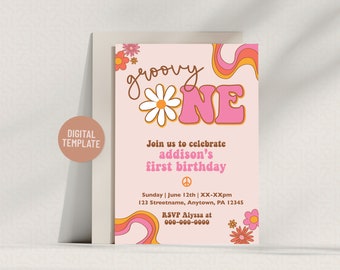 Editable Pink Groovy ONE First Birthday Invitation Daisy Hippie Template 5x7 Instant Download